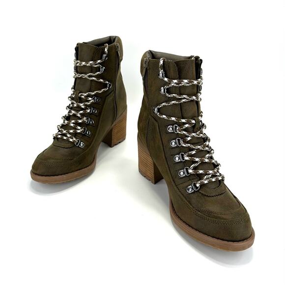 Carlos Santana Ardent Green Ankle Boot Sz 10 Faux Leather Block Heel Zip Closure - Picture 1 of 15